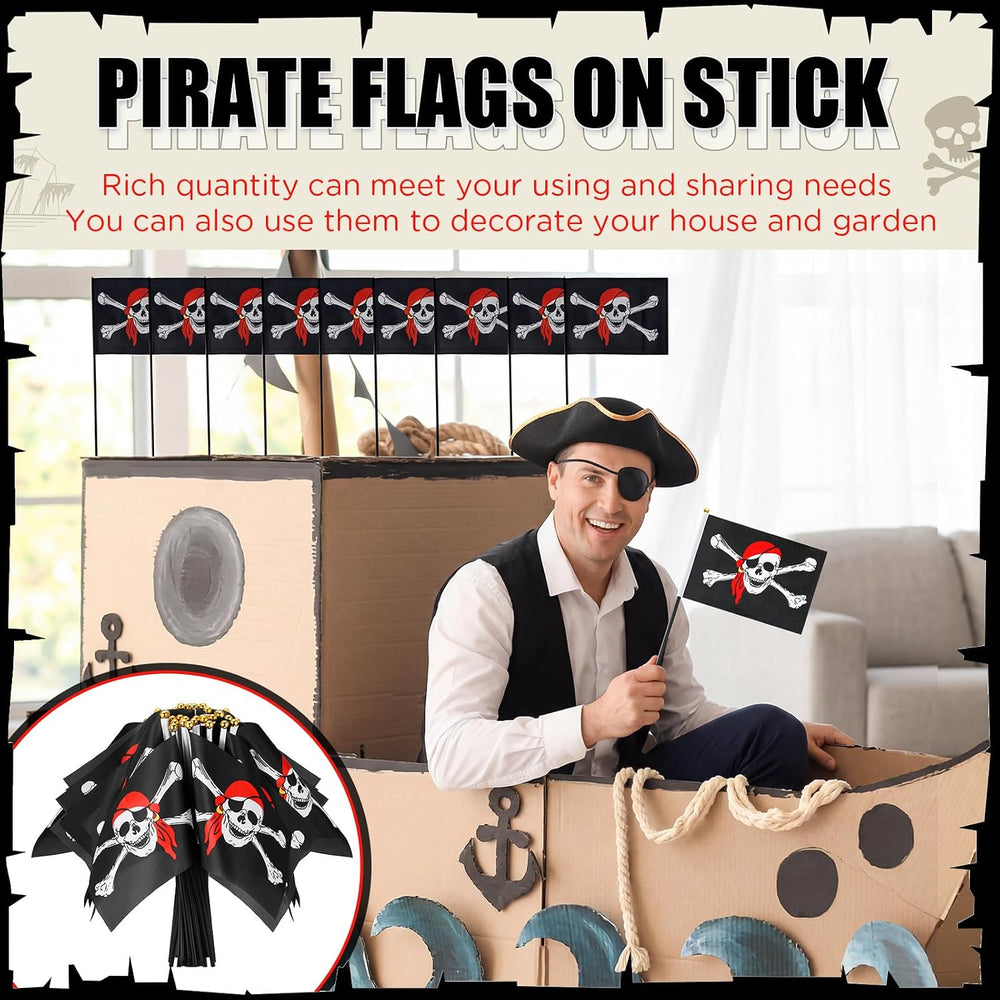 300 Pcs Pirate Mini Flag on Stick Plastic Flag, 5.5 x 8.3 Inch Hand Held Mini...