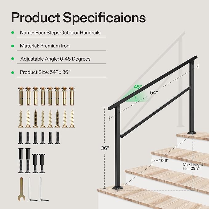VIVOSUN Outdoor Handrail, 4 Step Stair Handrail, Wrought Mattle Iron Handrail