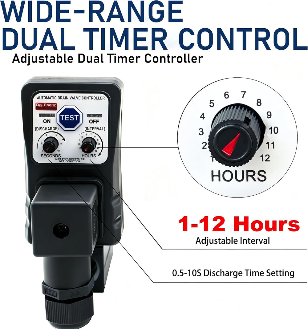Compressor auto drain timer valve, 1/4, 3/8, 1/2 air tank outlet compatible