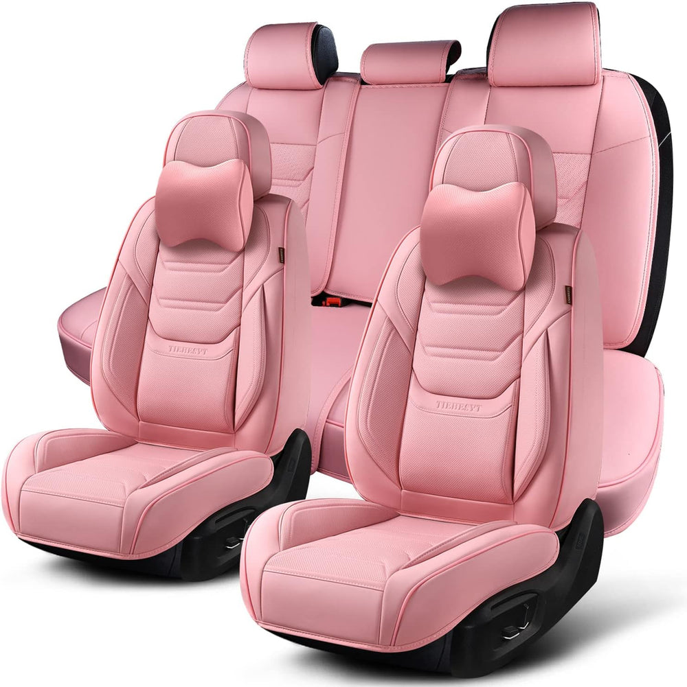 TIEHESYT Pink Car Seat Covers Full Set, Breathable Leather Automotive Front a...