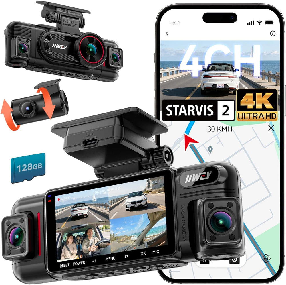 IIWEY N6 PRO 4K STARVIS 2 4-Channel Dash Cam 360ยฐ View, Free 128GB Card