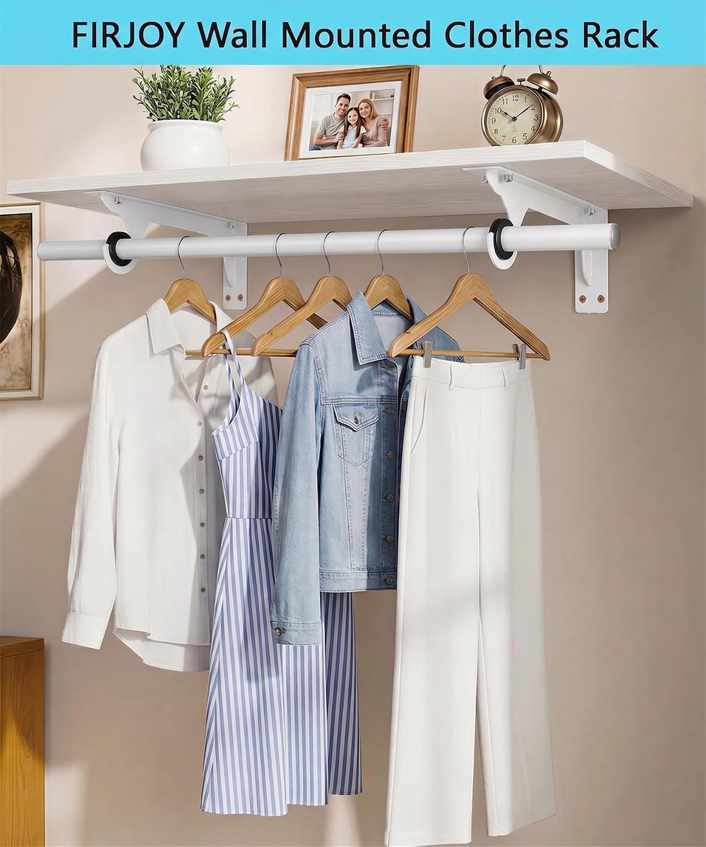 Wall Mounted Clothes Rack, with Top Shelf and Hanging Rod, Heavy Duty (White,...
