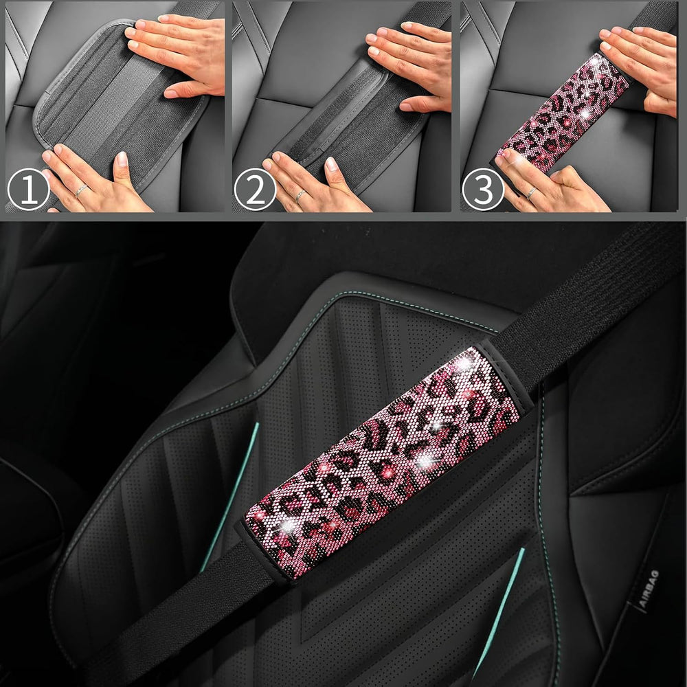 11 pcs Bling Pink Leopard Car Accessories Set for Women, Cheetah Print Steeri...