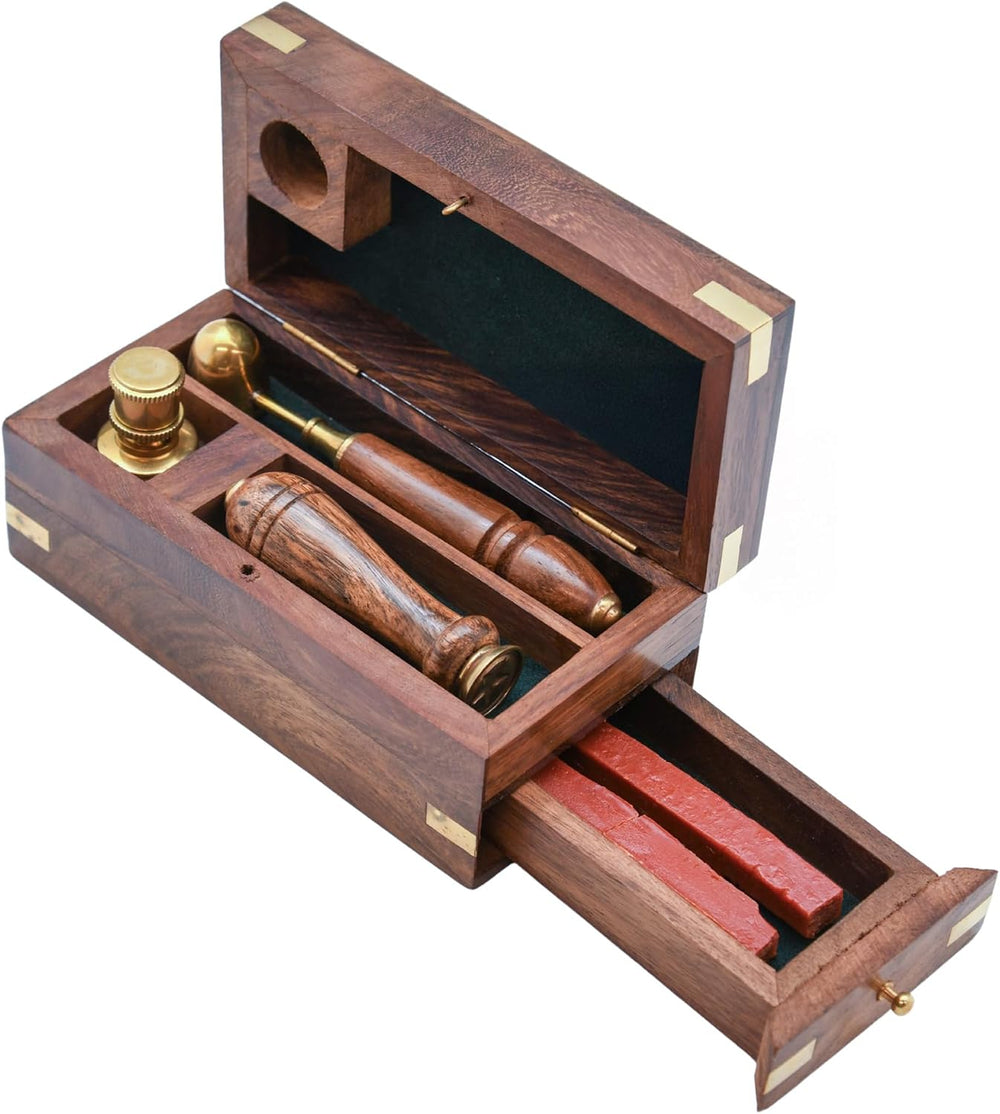 Letter Stamp Wax Seal Kit - Wooden Box with Pot, Sticks and Burner Wood Handl...