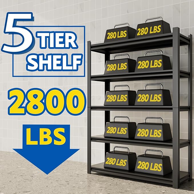 72''H Garage Shelving Heavy Duty, 2800LBS Storage Shelves, 5-Tier Adj...