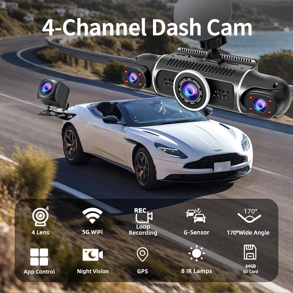 360ยฐ Dash Cam Front and Rear View 4 Channel Dash Camera FHD 2K+1080Px3 for Ca...