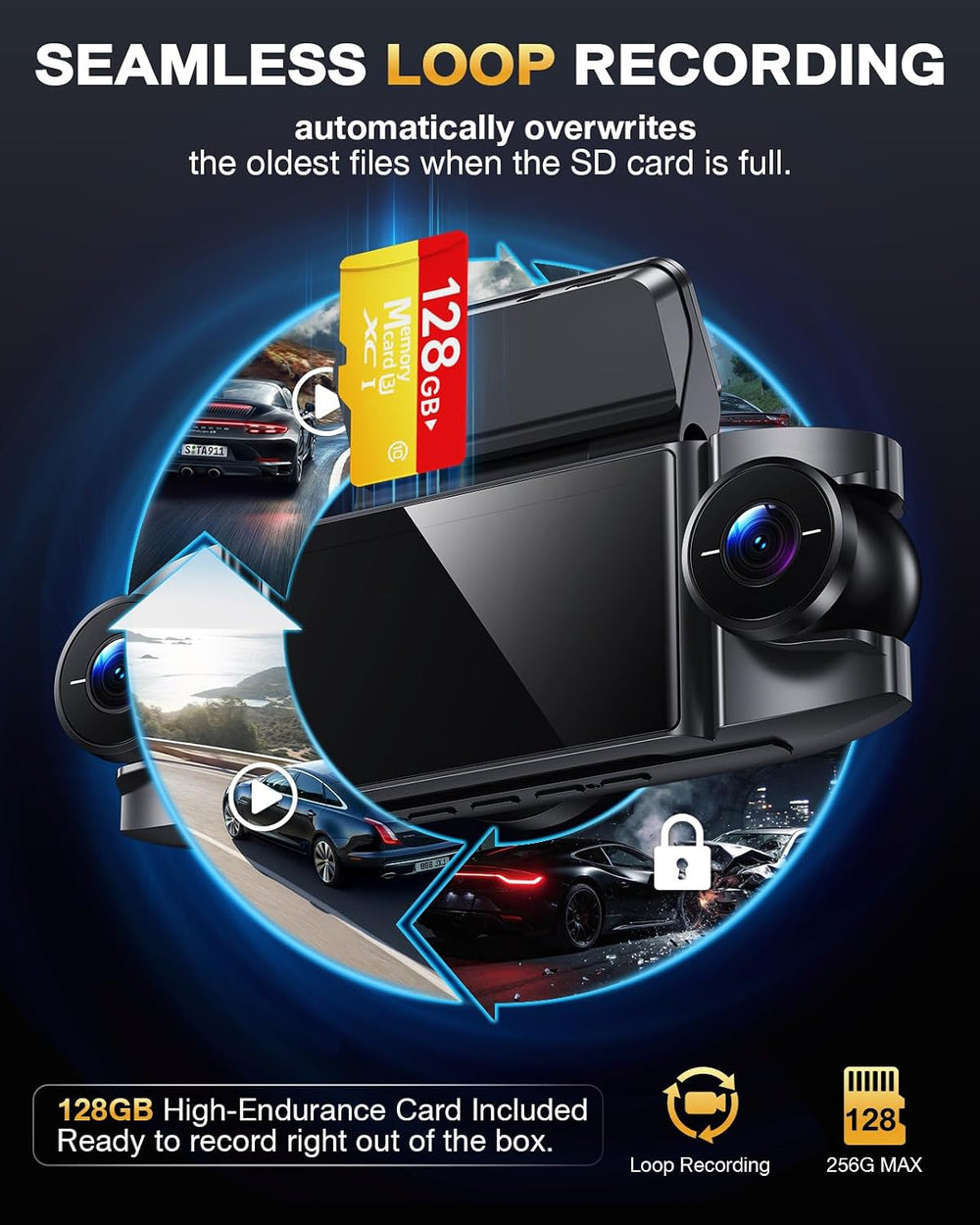 4 Channel 360ยฐ Dash Cam, 4K Front + 1080P Rear/Left/Right, 5GHz WiFi 30MB/s