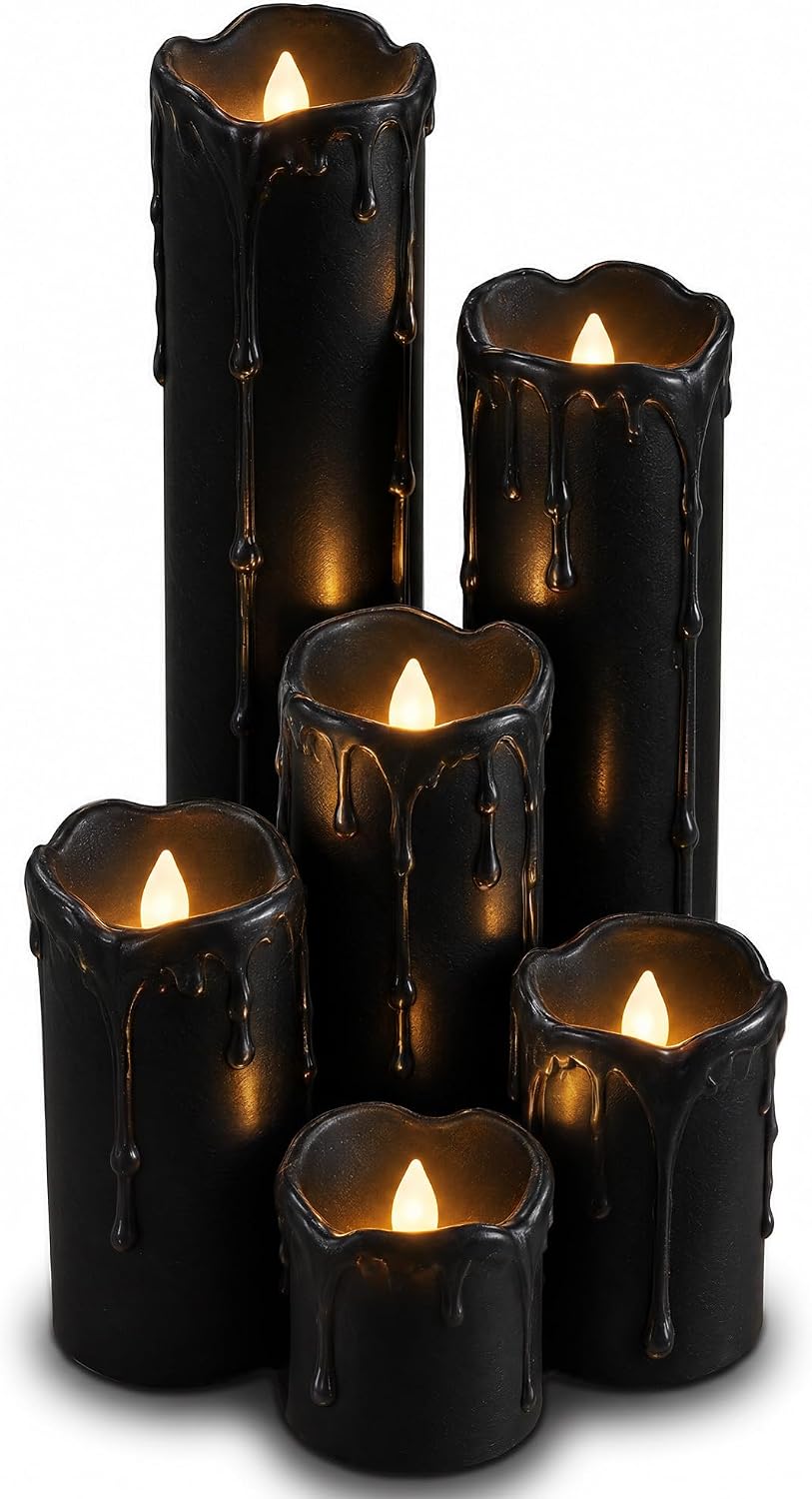 6 Pack LED Flickering Flameless Black Melting Drip Pillar Candles with Timer,...