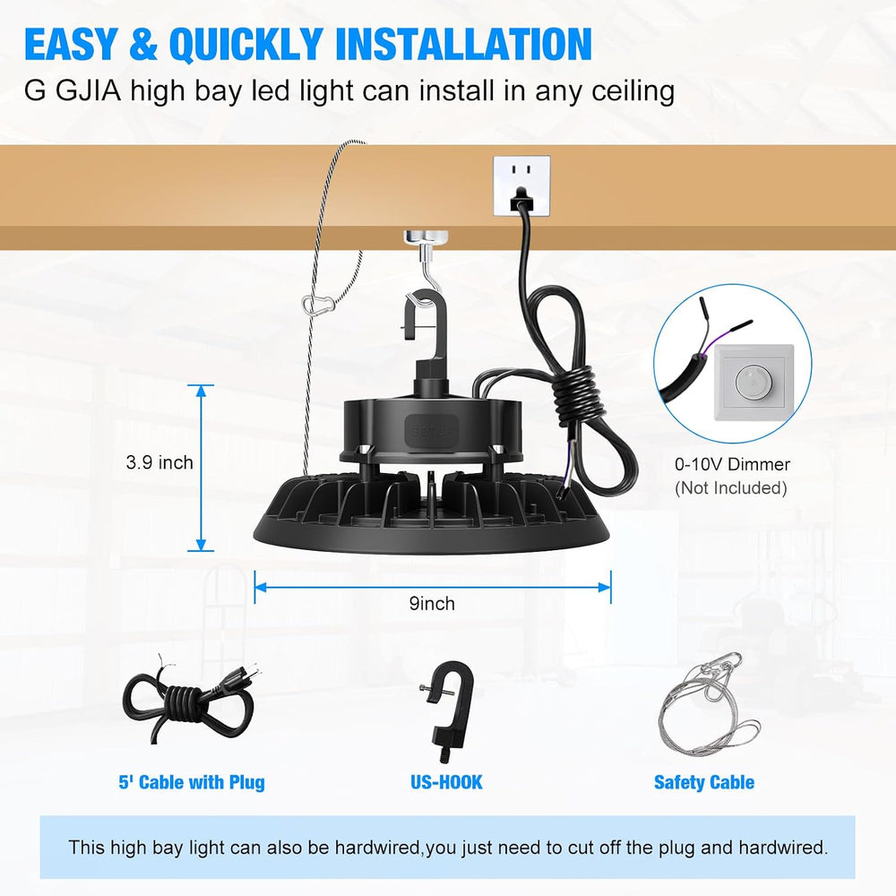 15000LM Super Bright High Bay Lights 5000K, 0-10V Dimmable,US Plug 5' Cab...