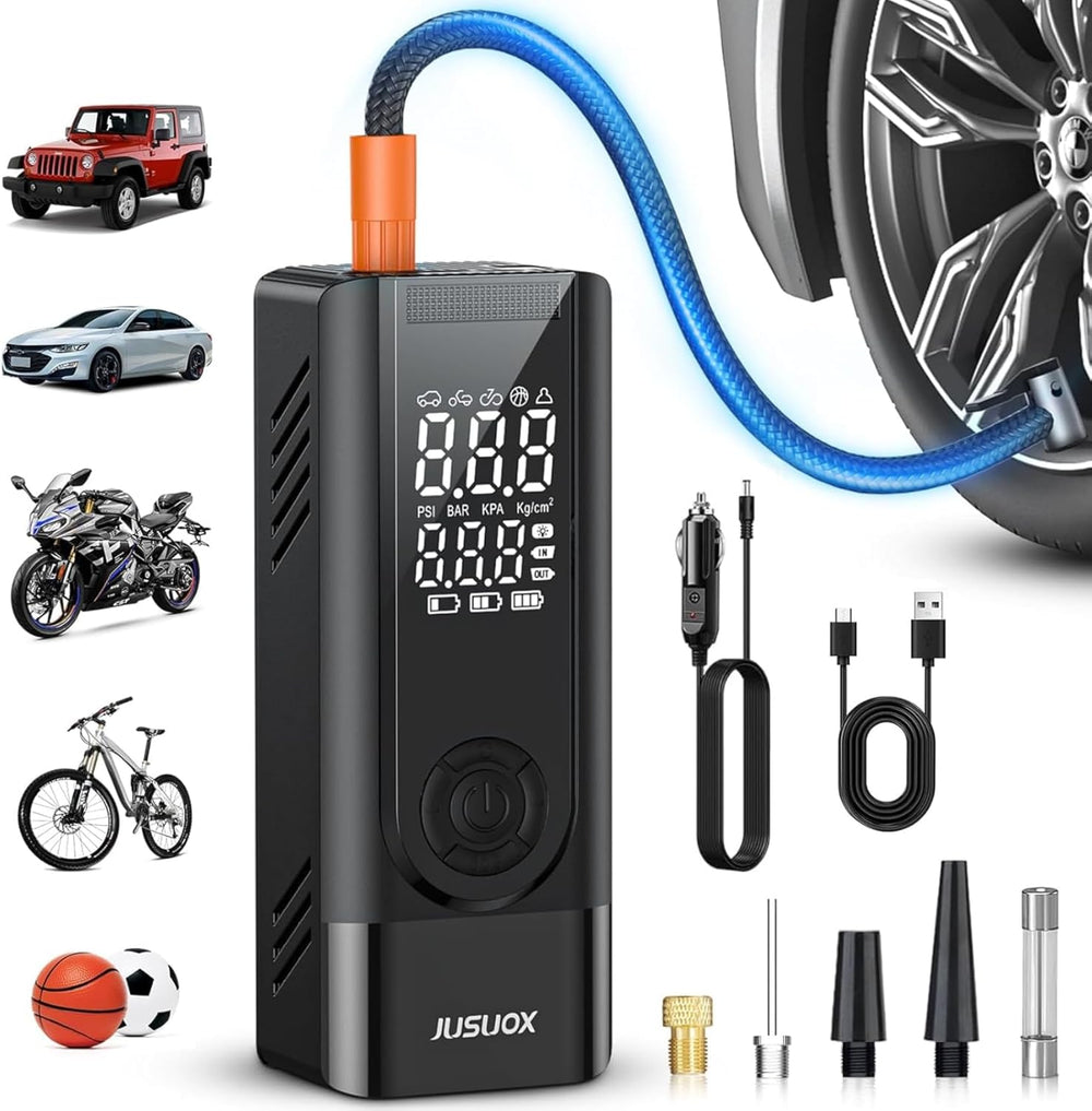 JUSUOX Tire Inflator Portable Air Compressor, 150 PSI Dual Power