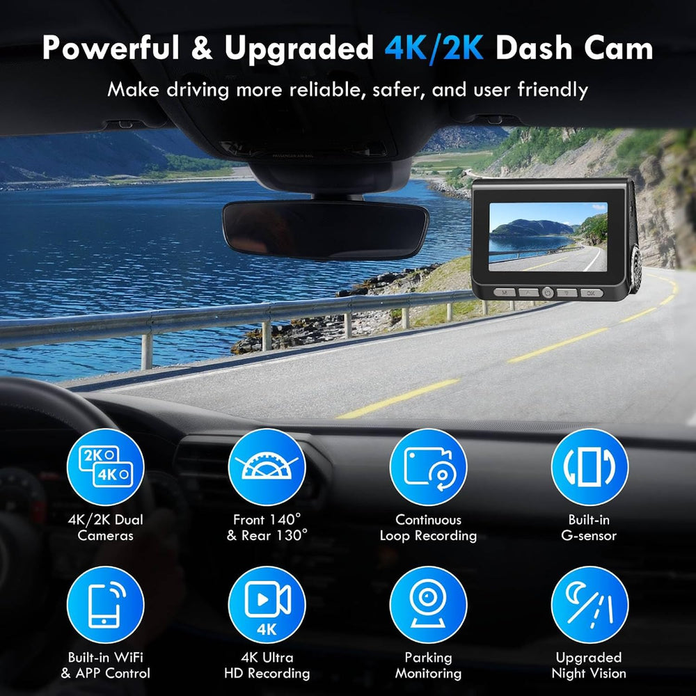 Dash Cam, 4K+2K Full HD Dash Cam Front and Rear, Dash Camera for Cars with Bu...