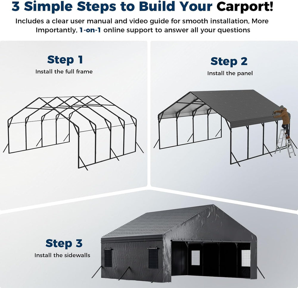 20x20FT Metal Carport with Removable Sidewalls & Mesh Windows