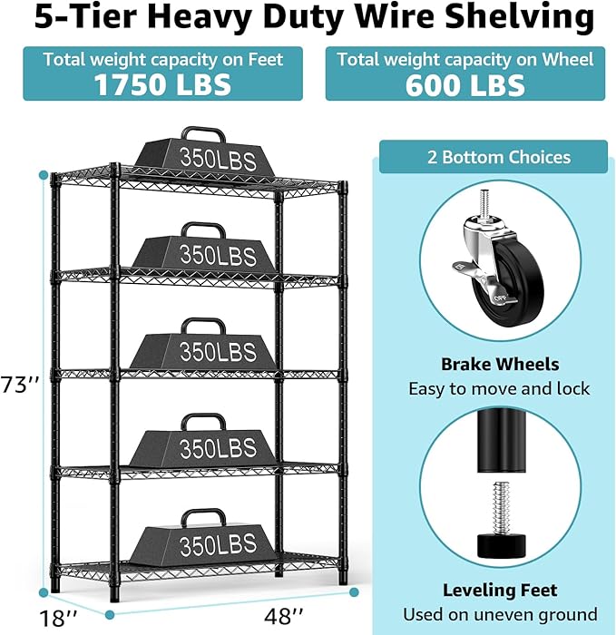 5-Shelf Storage Shelves, Wire Shelving Heavy Duty Metal Storage Shelving Unit