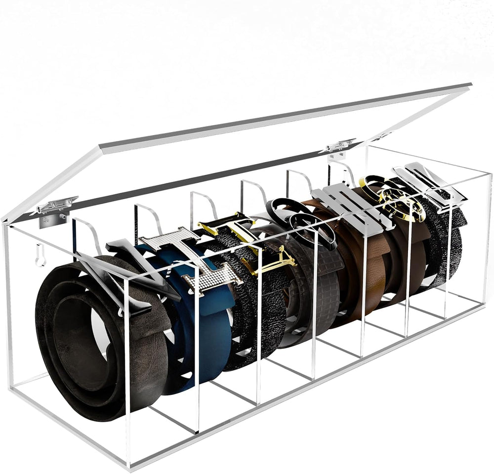 Acrylic Belt Organizer 7-Compartment Clear Storage Case with Flap Cover