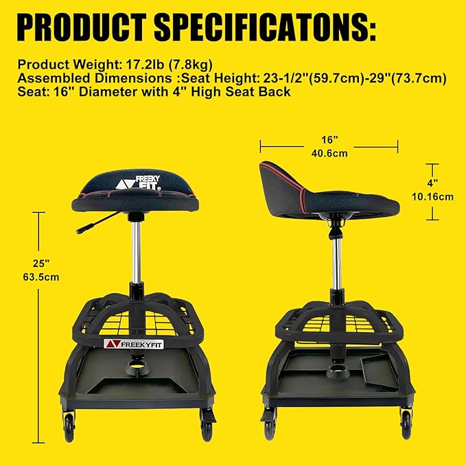 Rolling Shop Stool with Wheels, Garage Work Mechanic Stool with Backrest