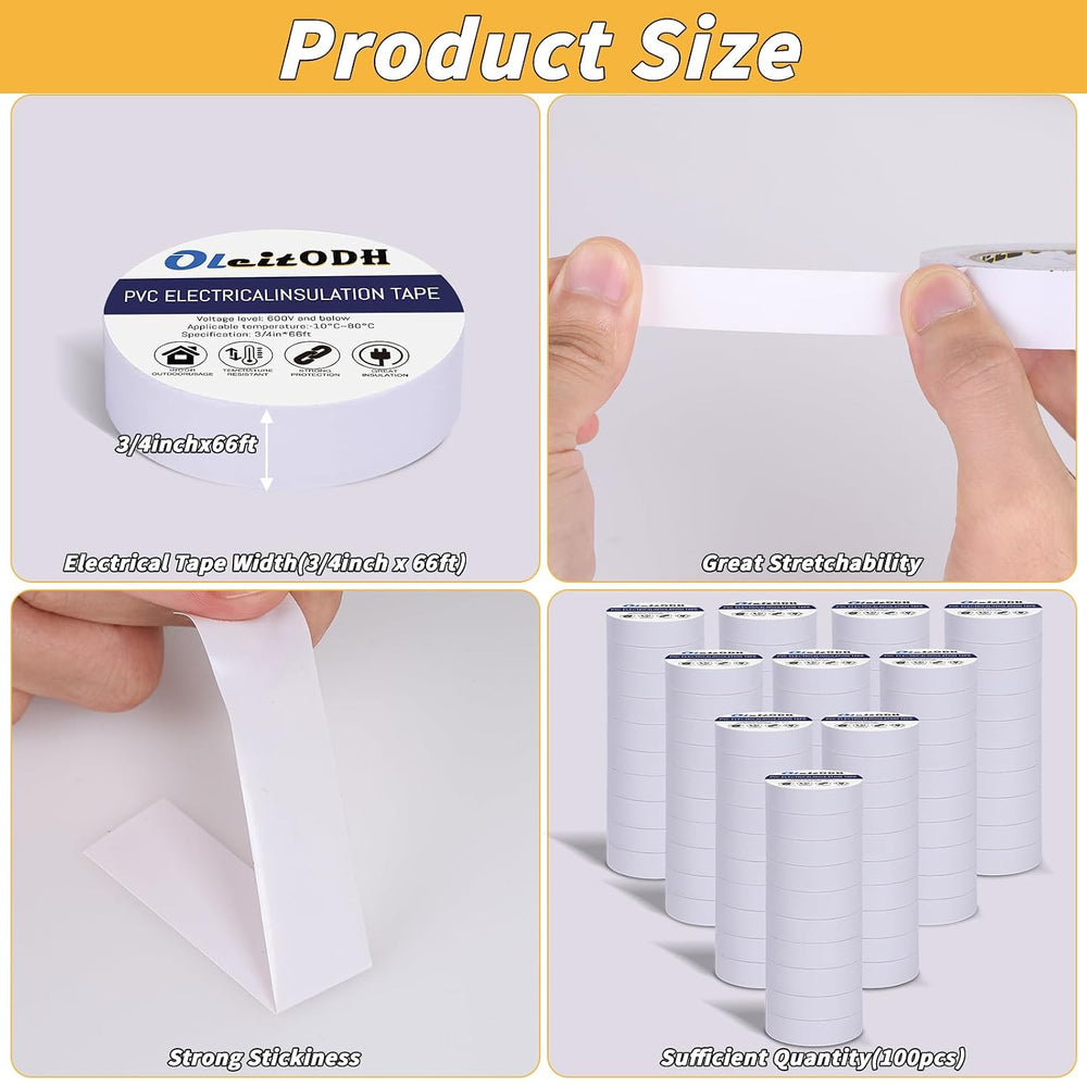100 Rolls Electrical Tape Bulk 3/4 Inch x 66FT White Vinyl Insulation Tape