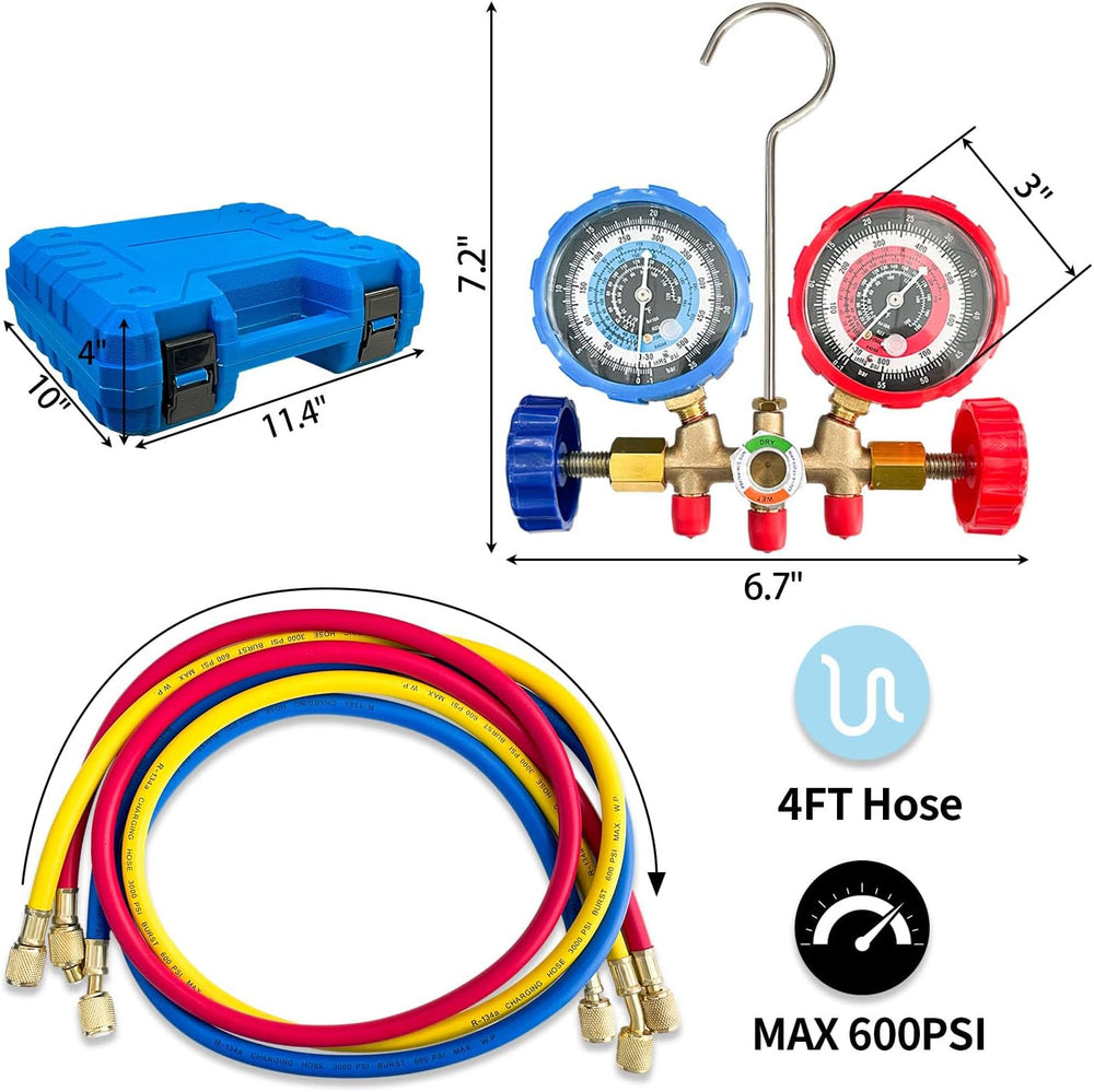 Sutekus AC Gauge Set 3 Way AC Manifold Gauge Set Freon Charge Kit with Hoses ...