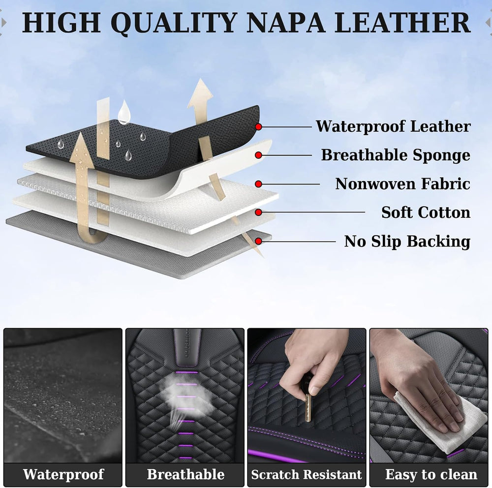 Coverado Car Seat Covers Front Seats, Nappa Leather Black&Purple Car Seat...