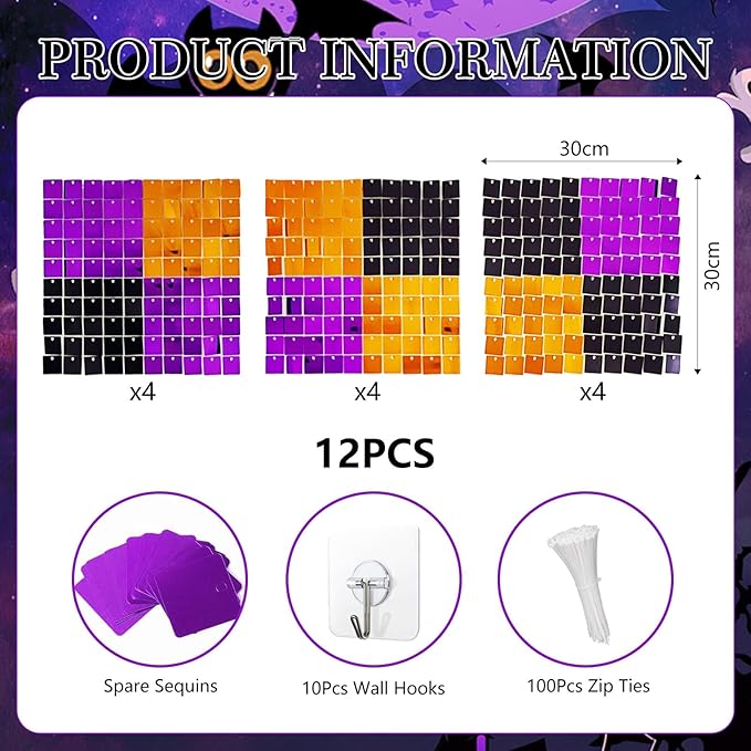 12PCS Black Orange Purple Shimmer Wall Backdrop, Laser Square Sequin Photo Ba...