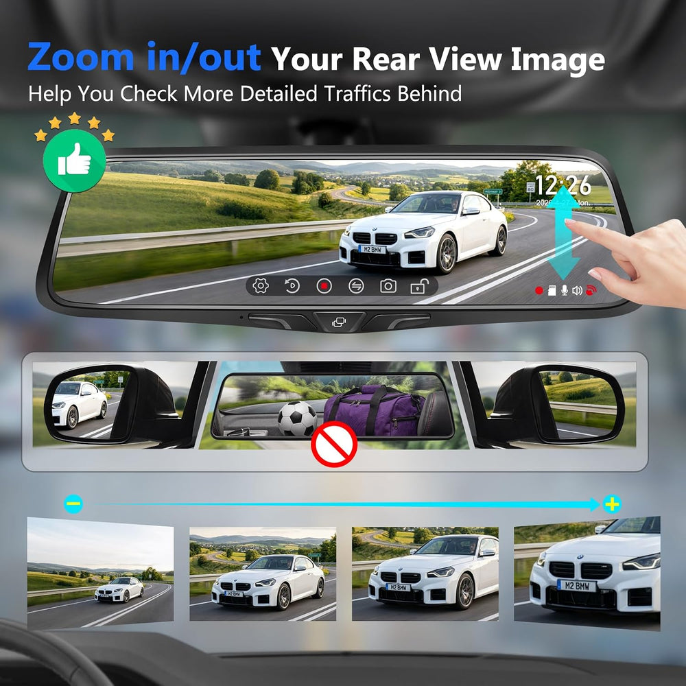 10" OEM Mirror Dash Cam with Detached Front Camera,Rear View Zoom,64GB Card