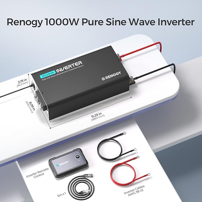 Renogy Inverter PUH 1000W, 12V to 110V Pure Sine Wave Power Inverter, Built-in