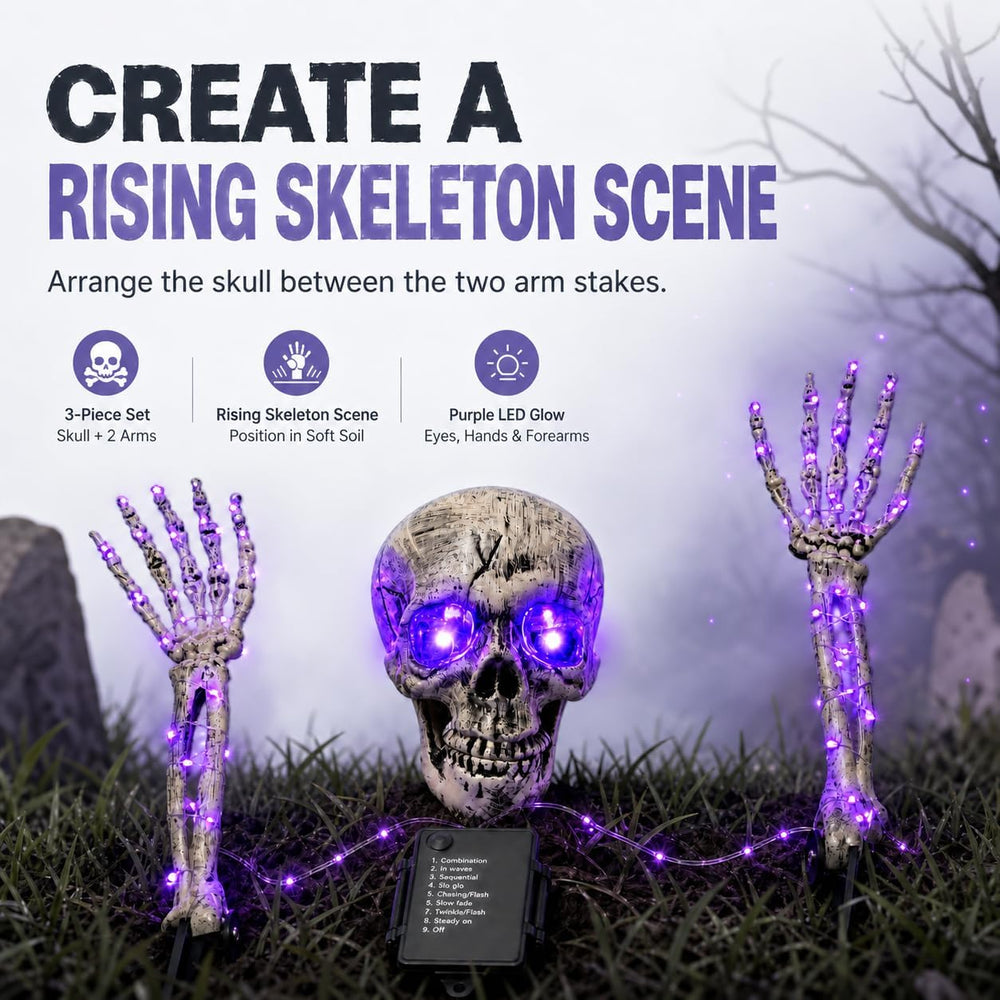 Halloween Decoration Outdoor, 3-Piece Purple LED Skeleton Stake Set