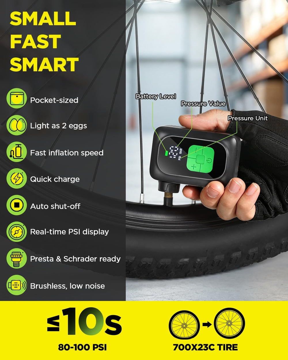 Mini Bike Tire Pump, Electric Bicycle Pump Auto Stop 120PSI