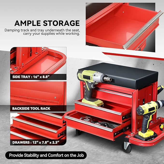 Auto Dynasty 3-Drawer Mechanic Rolling Seat, 350 LBS Capacity Roller Garage