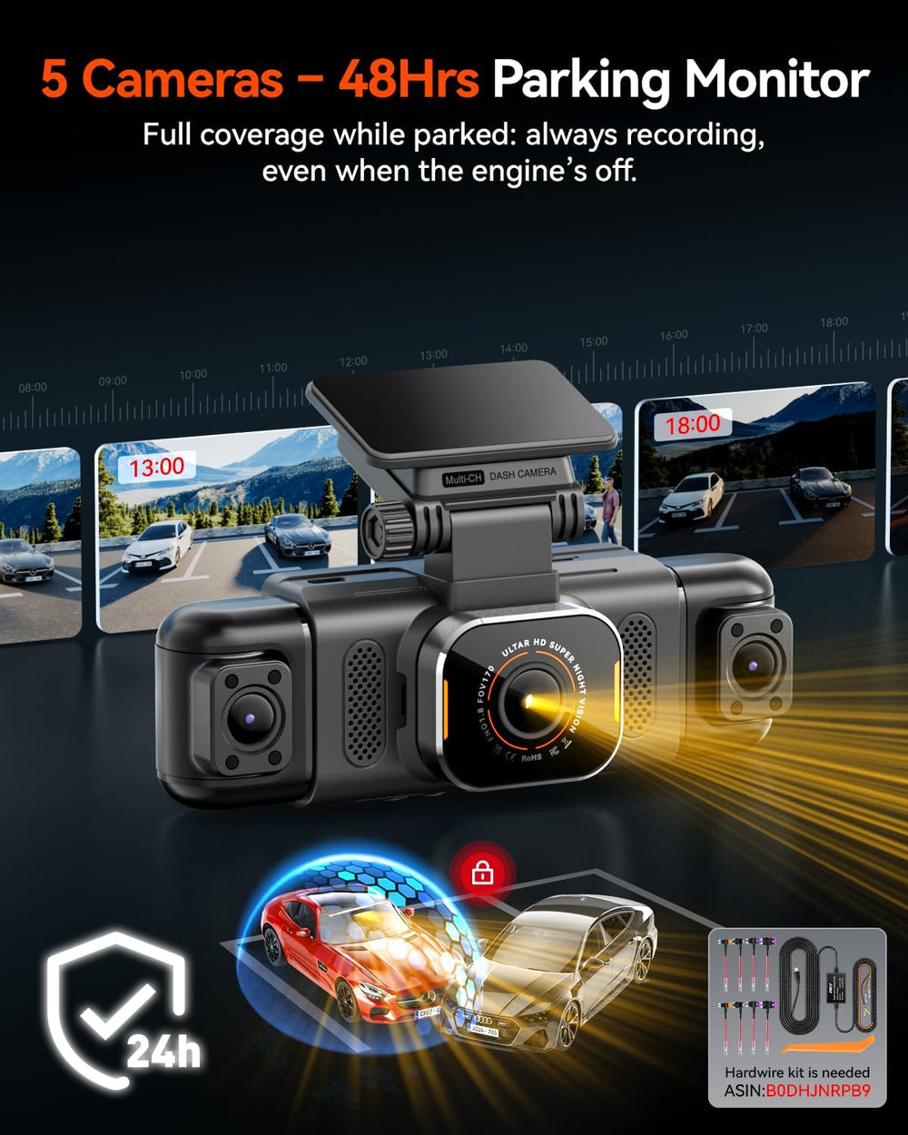IIWEY N9 360ยฐ 5 Channel Dash Cam, Free 128GB Card, 12 IR LEDs Night Vision