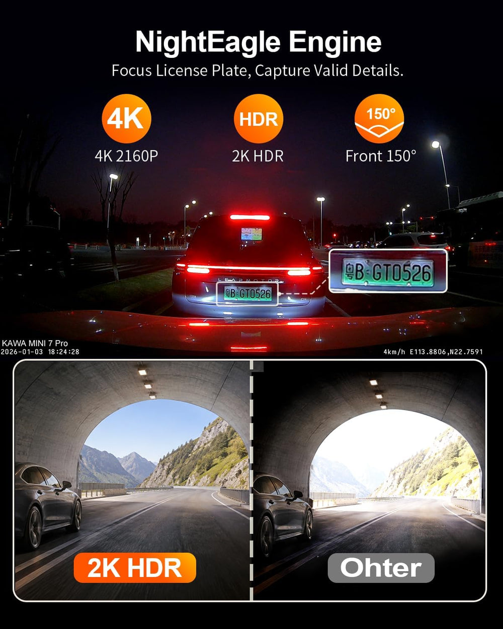 KAWA 4K+1080P Dual Dash Cam, Stealth Display, Voice Control, Wi-Fi 6 & GPS