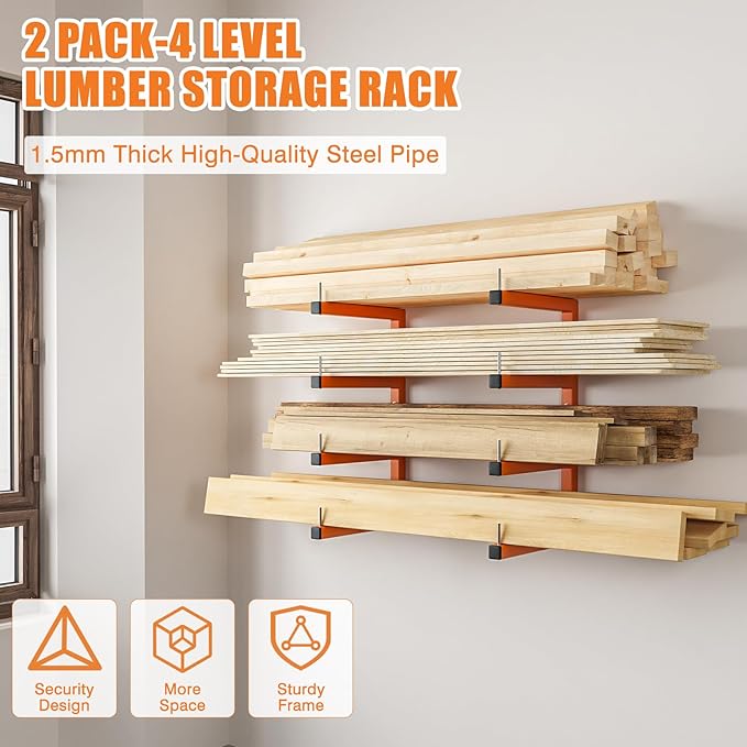 2-Pack Lumber Storage Rack, Wood Storage Racks Wall Mount, Heavy Duty Garage