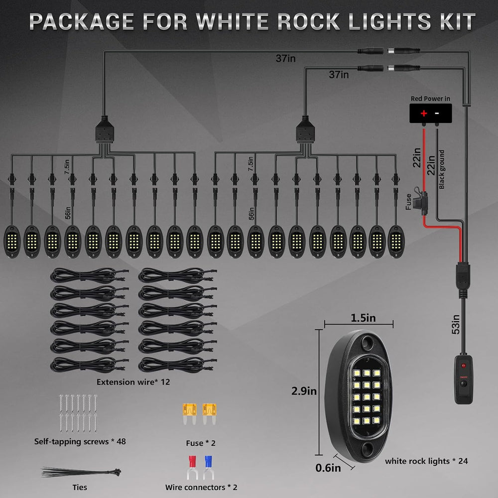 24 Pods Pure White LED Rock Lights Kit with Extension Wires, Plug and Play