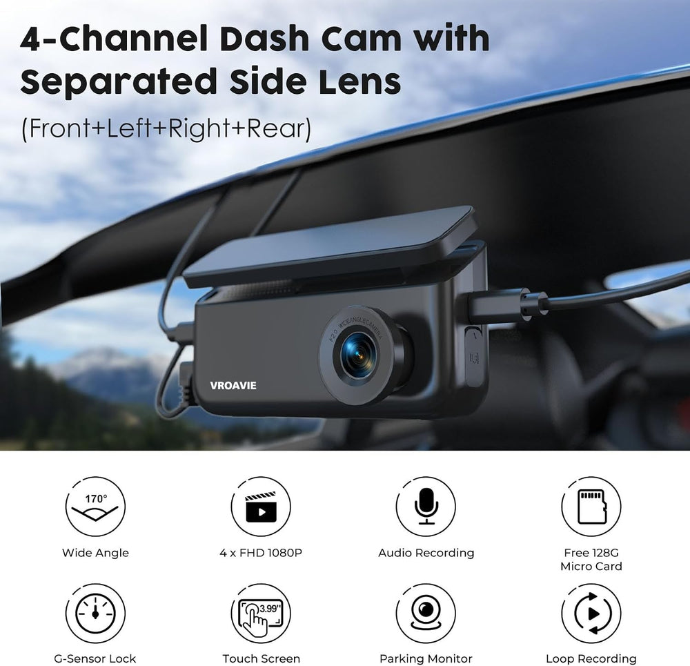 4 Channel 360ยฐ Dash Cam Detached Side Cameras, 4" Touch Screen