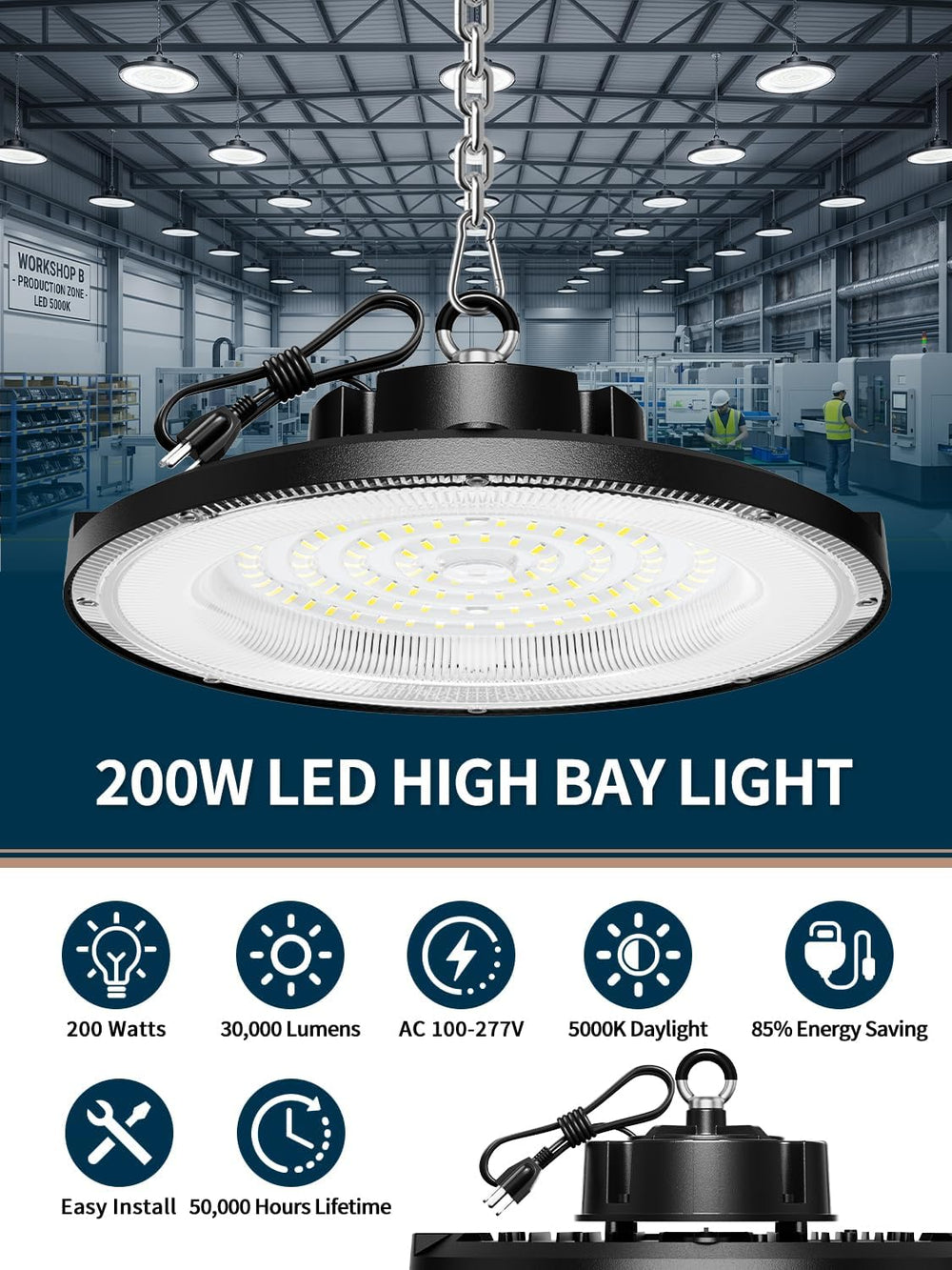 lvsdak 200W UFO LED High Bay Light 30000LM 5000K High Bay LED Shop Lights