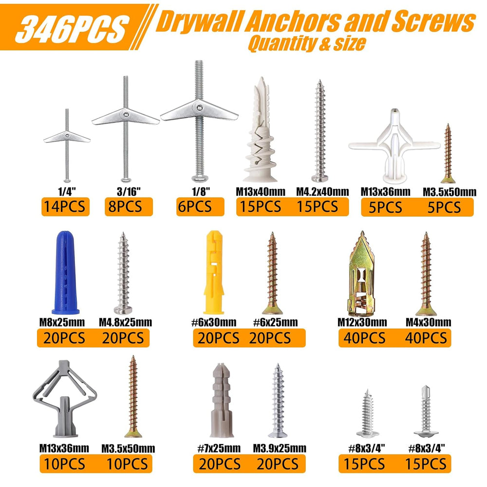 weideer 346PCS 11Sizes Drywall Anchors and Screws Assortment Kit,Toggle Bolts...