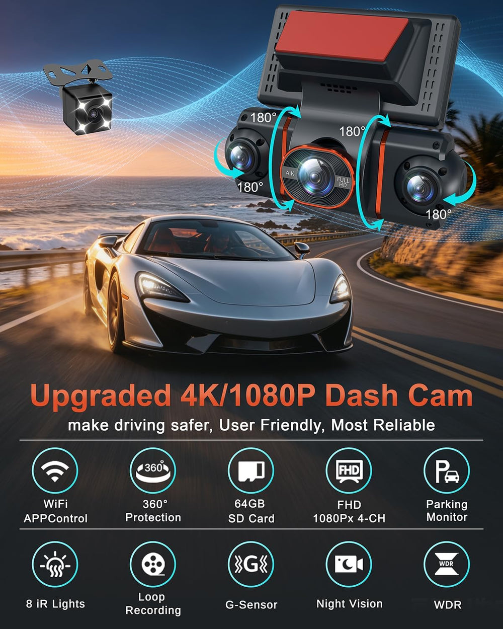 4K+1080P*3 FHD Dash Cam Front and Rear, 360ยฐ Car Camera, 5.8GHz WiFi 20MB/s