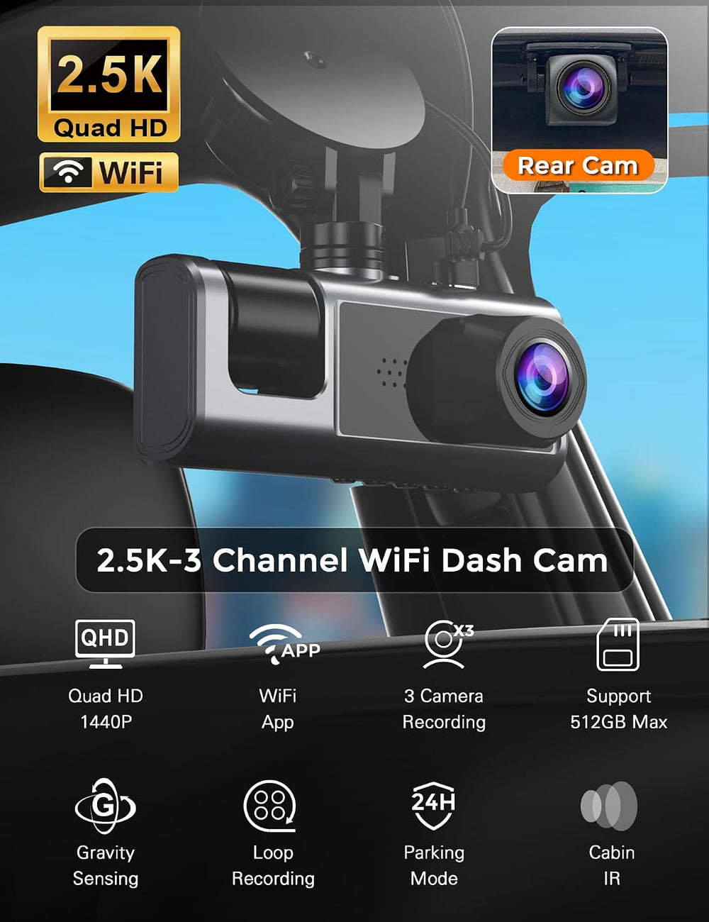 2.5K 3 Channel Dash Cam Front and Rear Inside with WiFi, 2' IPS Screen
