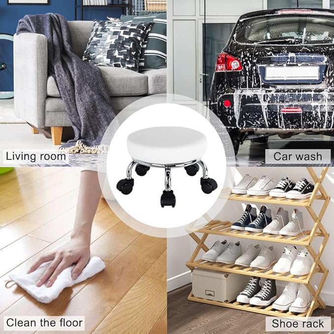 Modern Roller Seat PU Leather Low Round Rolling Stool 360 Swivel Small Stool