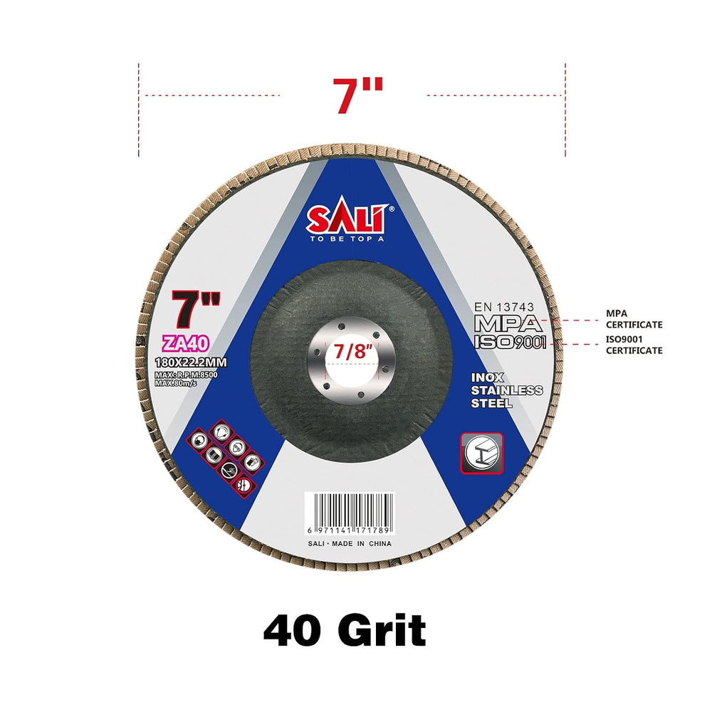 Sali 10 Pack Zirconia Flap Disc 40 Grit 7" x 7/8-Inch Sanding Disc Bevel...