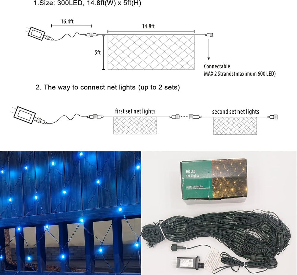 OYCBUZO 300LED Net Lights, 14.8ft x 5ft Christmas Net Lights Outdoor Connecta...