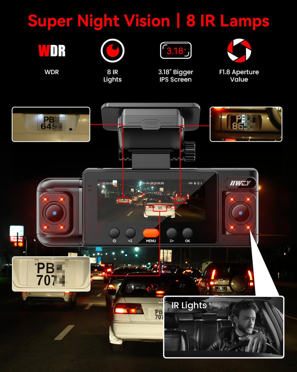 IIWEY N6 360ยฐ Dash Cam 4 Channel, Free 128GB Card, 8 IR Lights Night Vision