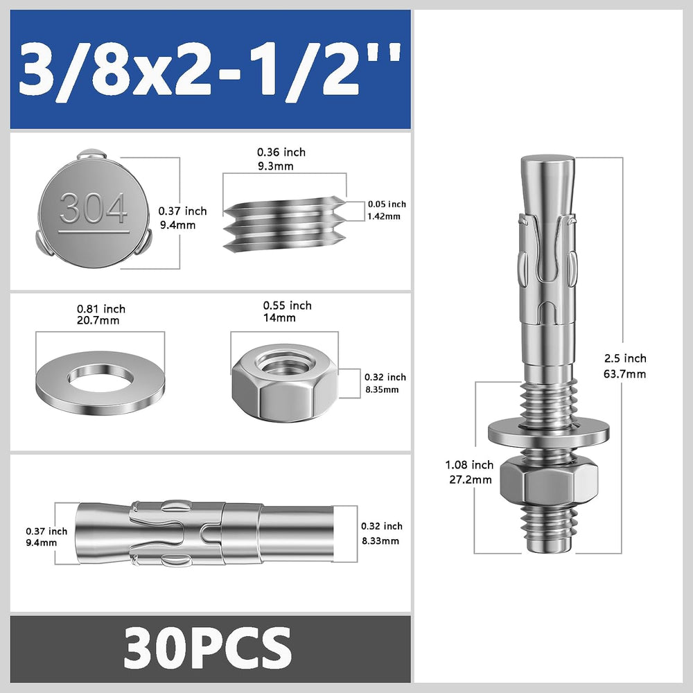 Wensilon 30Pcs 3/8x2-1/2 Inch Standard Fasteners for Heavy-Duty 304 Stainless...