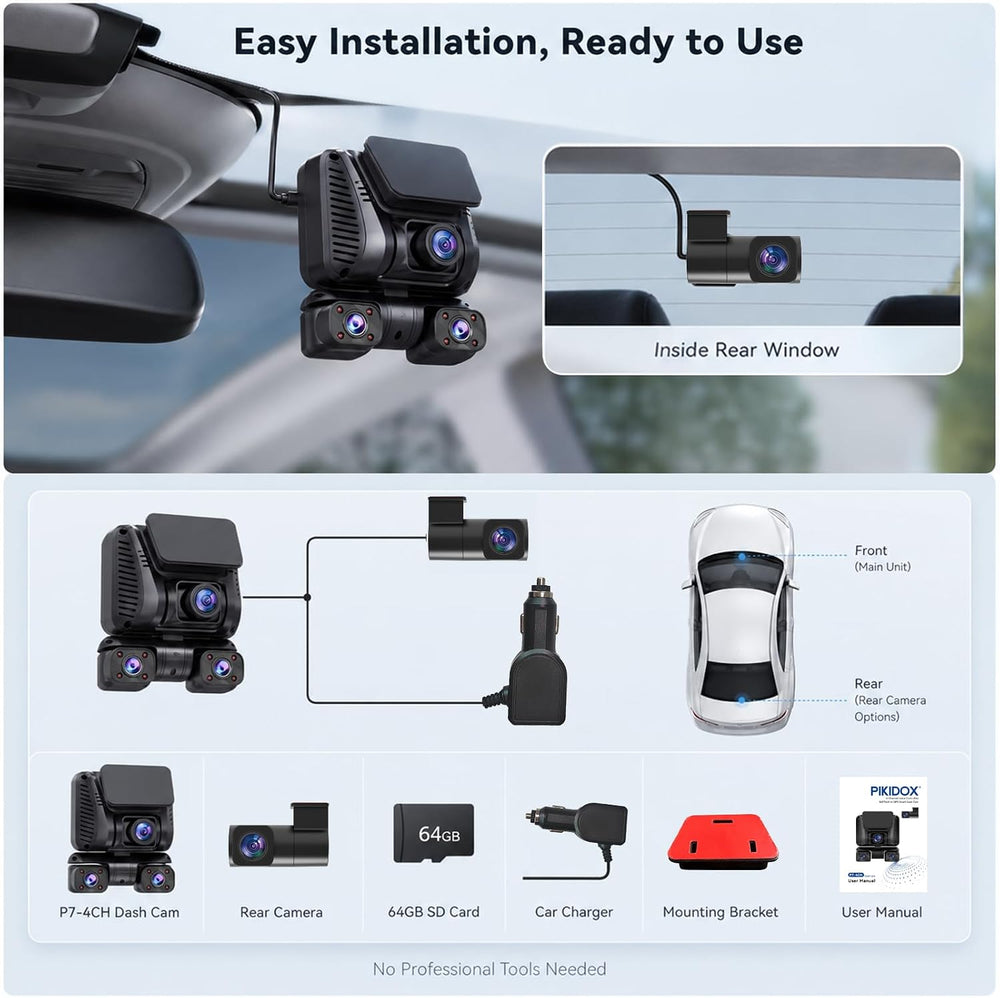 4K 4 Channel Dash Cam Front and Rear Inside Left Right, 360ยฐ View Wireless Ca...