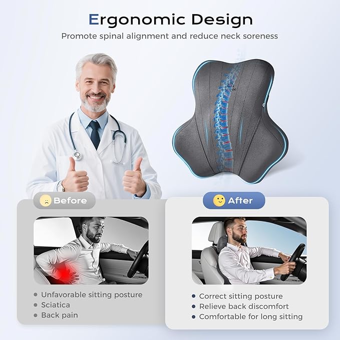 Coverado Car Lumbar Support Pillow and Car Neck Pillow Kit, Ergonomic Design