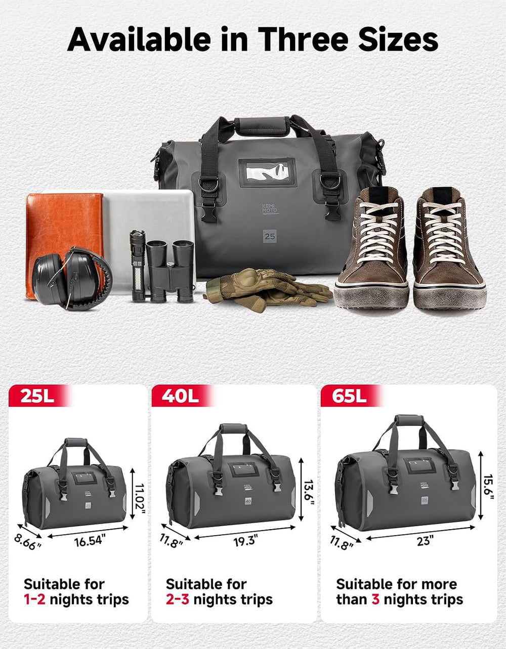 KEMIMOTO Waterproof Motorcycle Dry Bag โ Duffle Tail Bag Soft Luggage, 25L/40...