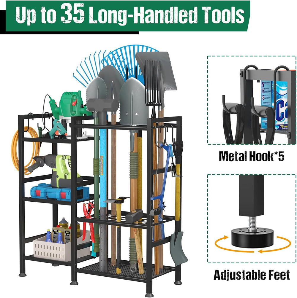 Garden Tool Organizer with Large Hooks, Garage Storage Rack