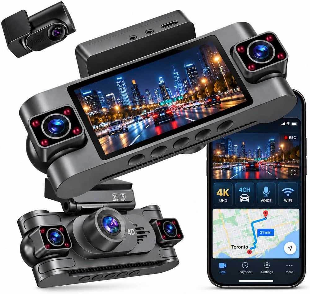 4K 4 Channel Dash Cam Front and Rear, 360 Car Camera, GPS & WiFi, 64GB Card