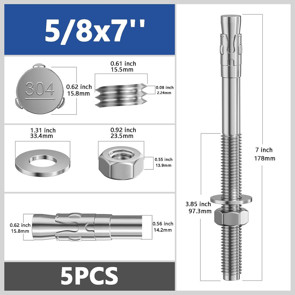 Wensilon 5Pcs 5/8x7 Inch Standard Fasteners for Heavy-Duty 304 Stainless Stee...