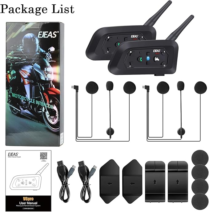 V6 Pro Motorcycle Helmet Bluetooth Intercom Headset 1200M 2 People Full Duple...