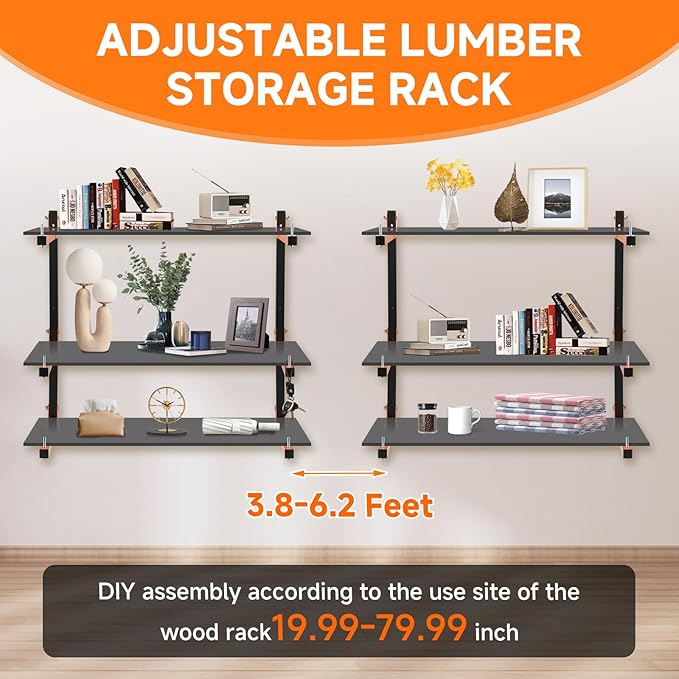 4 Pack Lumber Rack Wall Mount, Heavy Duty Wood Storage Racks, 6-Level System